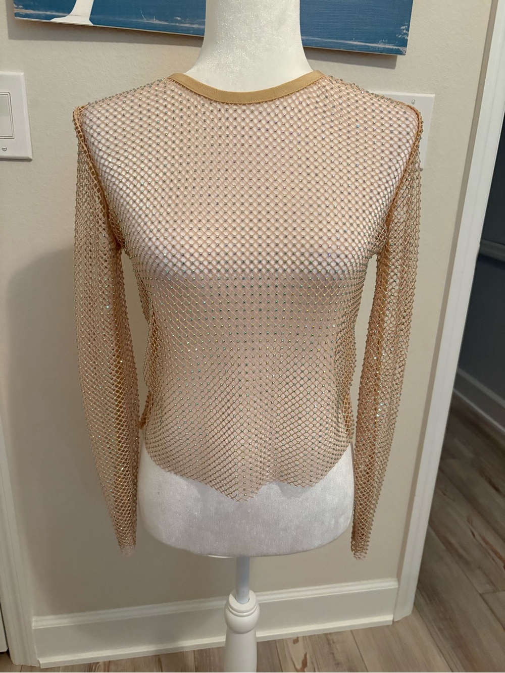 Sheer Metallic Net Long-Sleeve Top - Gold